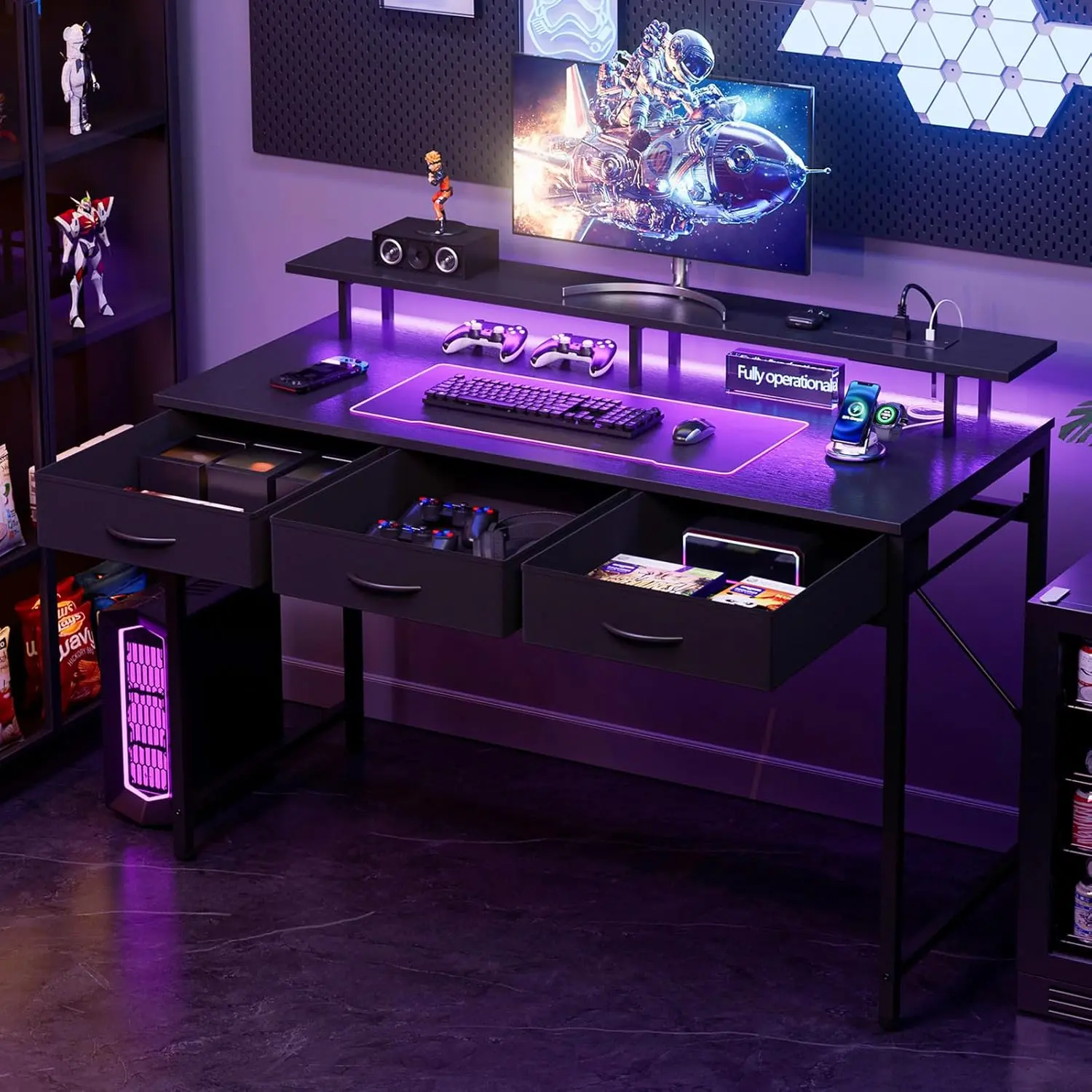 Two-person carbon-fibre gaming desk with LED strip lighting