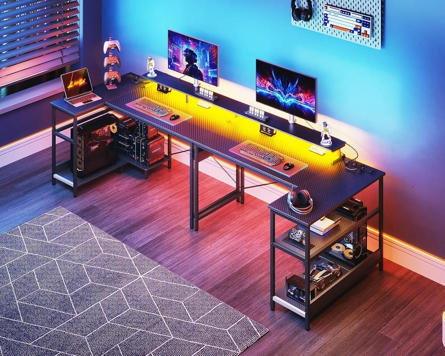 Black LED desk with teal glow, monitor stand and PC storage