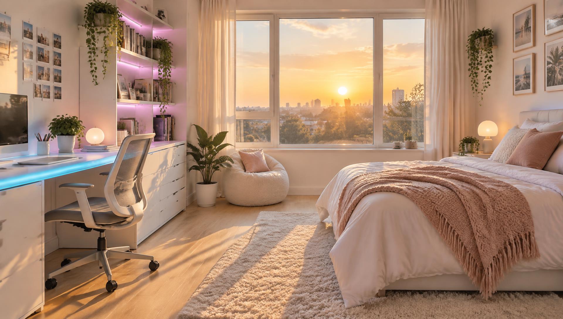 Whole bright teen bedroom at golden hour with cyan and magenta LED accents