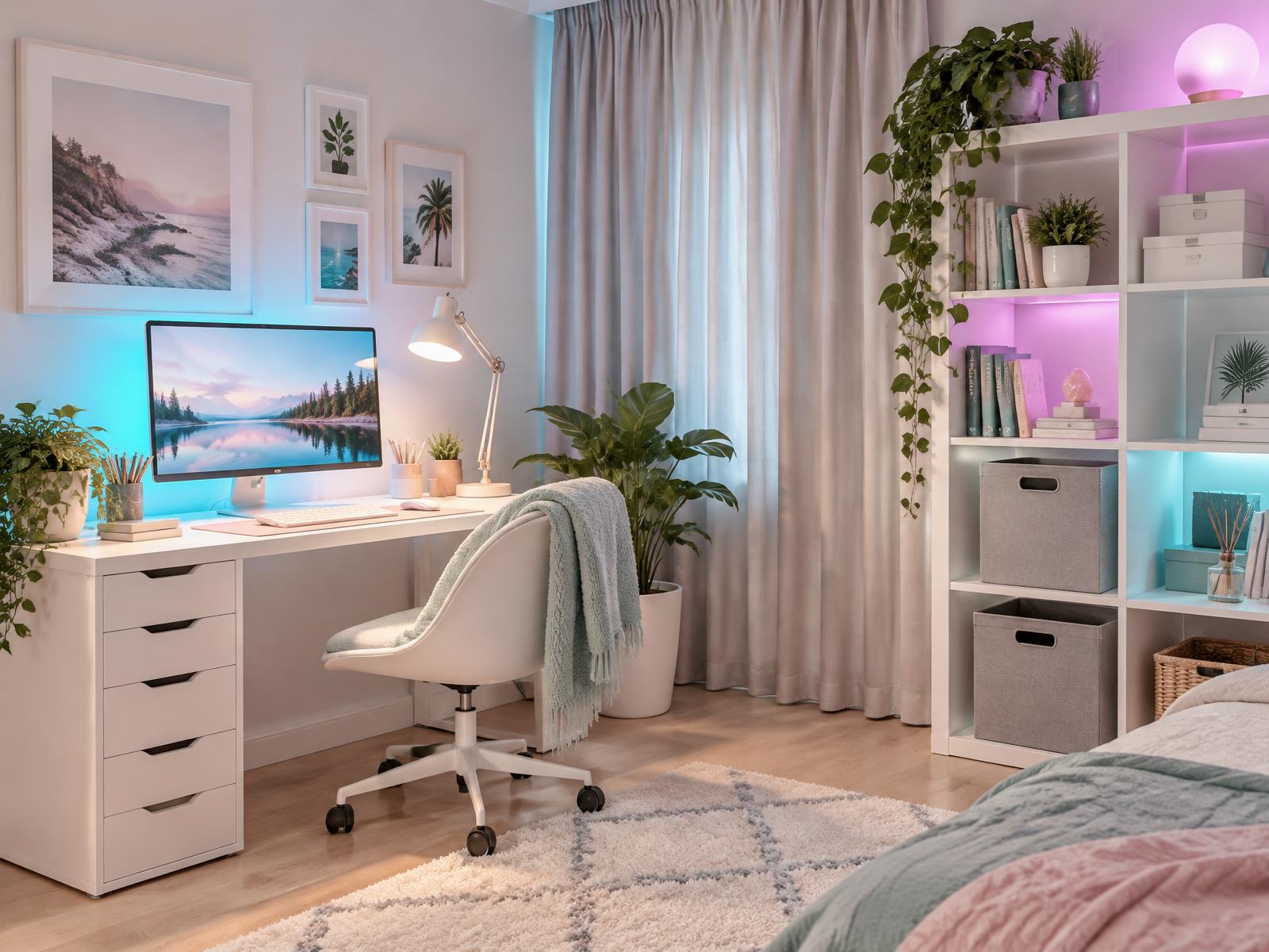 Teen bedroom after the setup upgrade with LED lighting