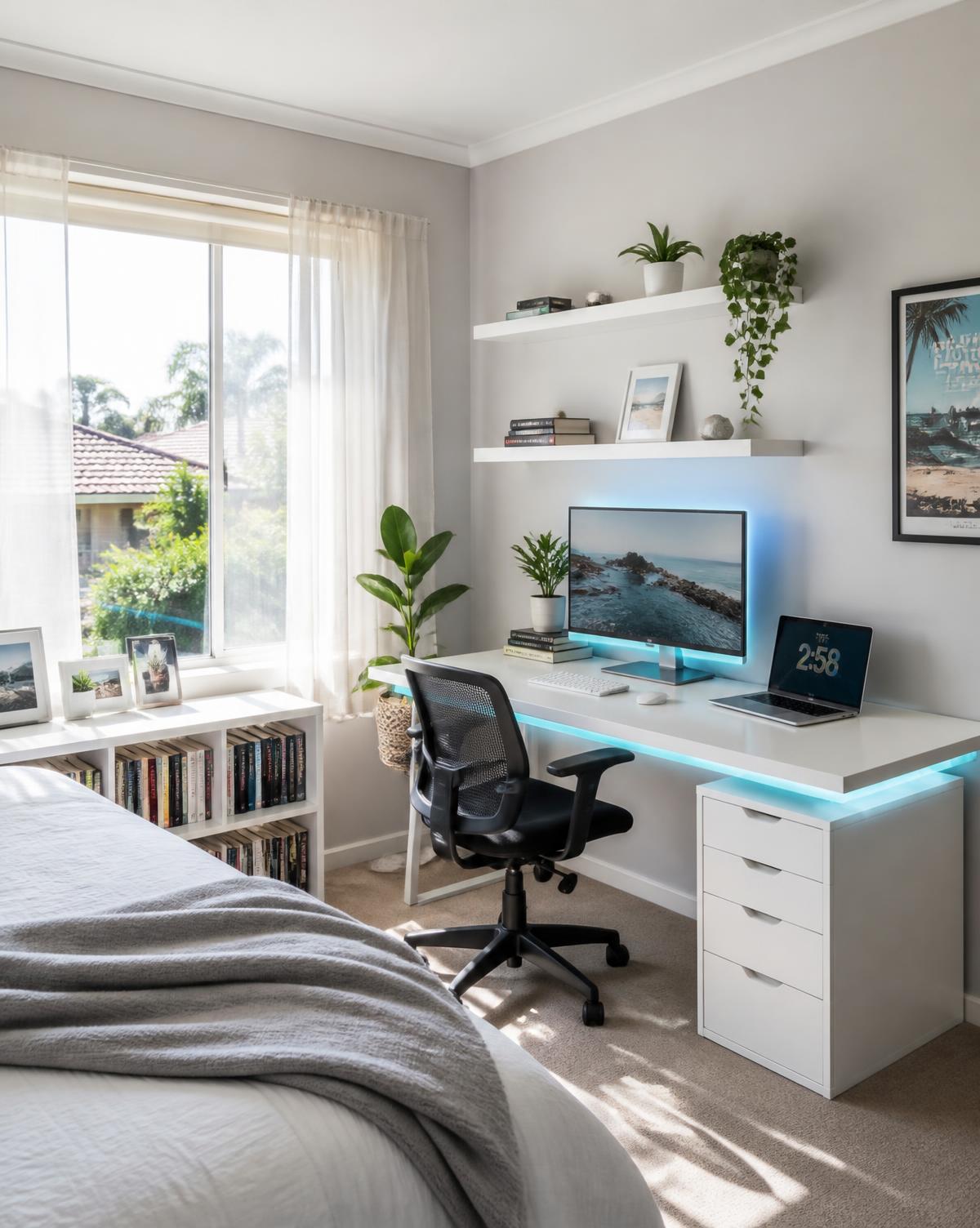Bright teen bedroom study setup with white desk and natural daylight