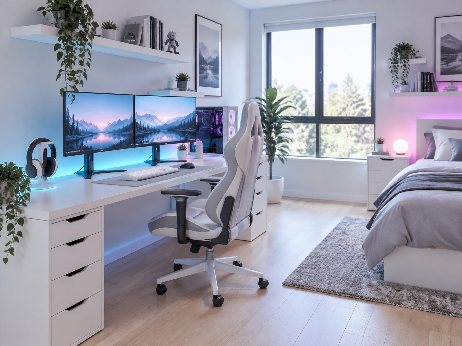 Bright gaming setup with dual monitors
