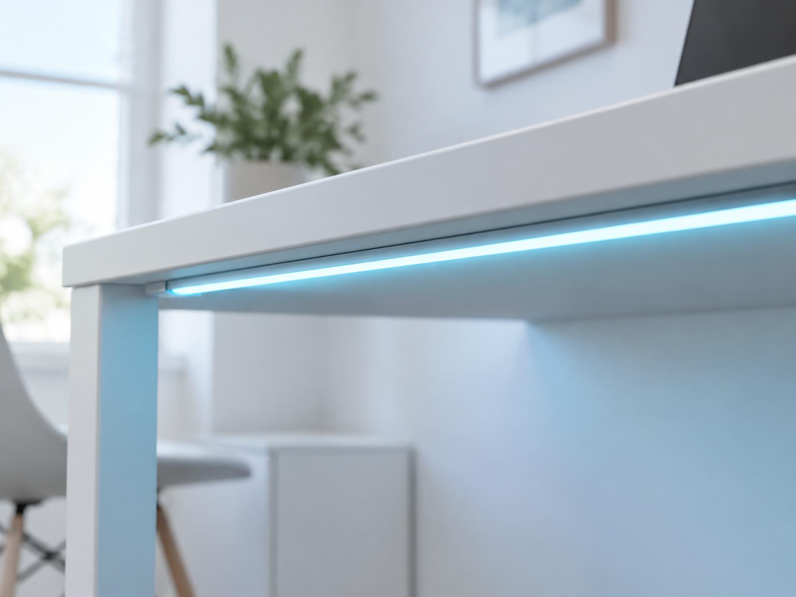 LED strip under a white desk edge