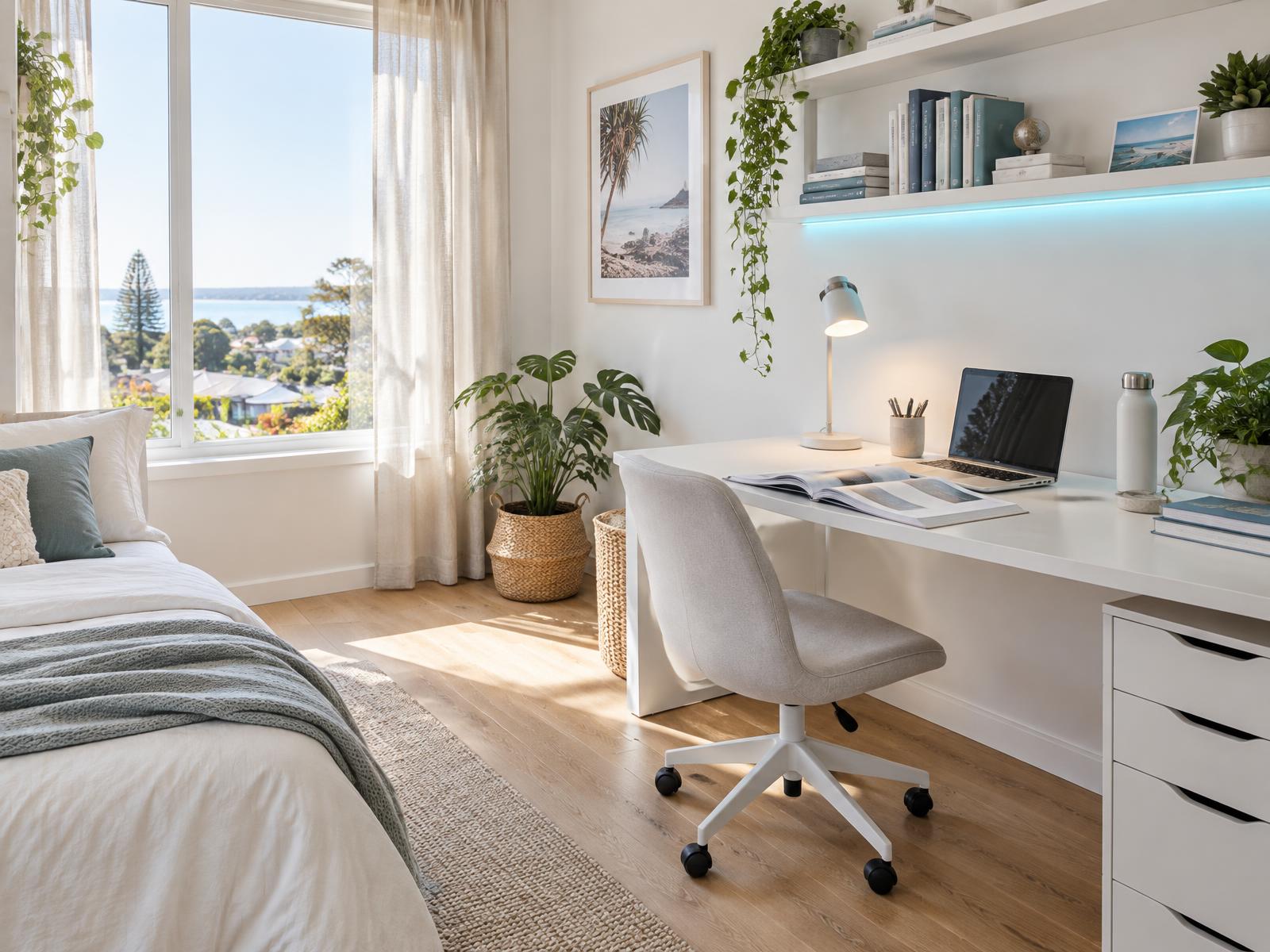White study desk with lamp and textbooks